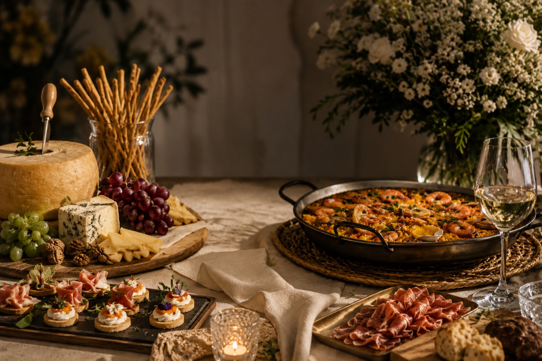 Mesa elegante con aperitivos, quesos y paella