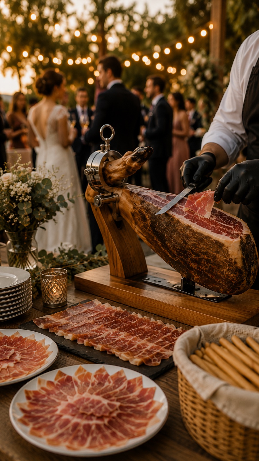 Mesa temática con cortador de jamón en evento